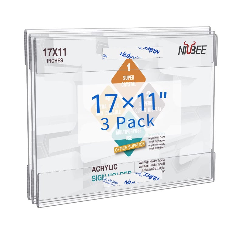 NIUBEE Acrylic Sign Holder 17 x 11 Horizontal Wall Mount Sign Holders Clear Acrylic Frame with Double Sided Tape Clear Poster Frames Plastic Sign Holder for Office, Home, Restaurant, Landscape, 3 Pack - Image 1